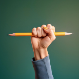 Hand holding up a pencil as symbol of power